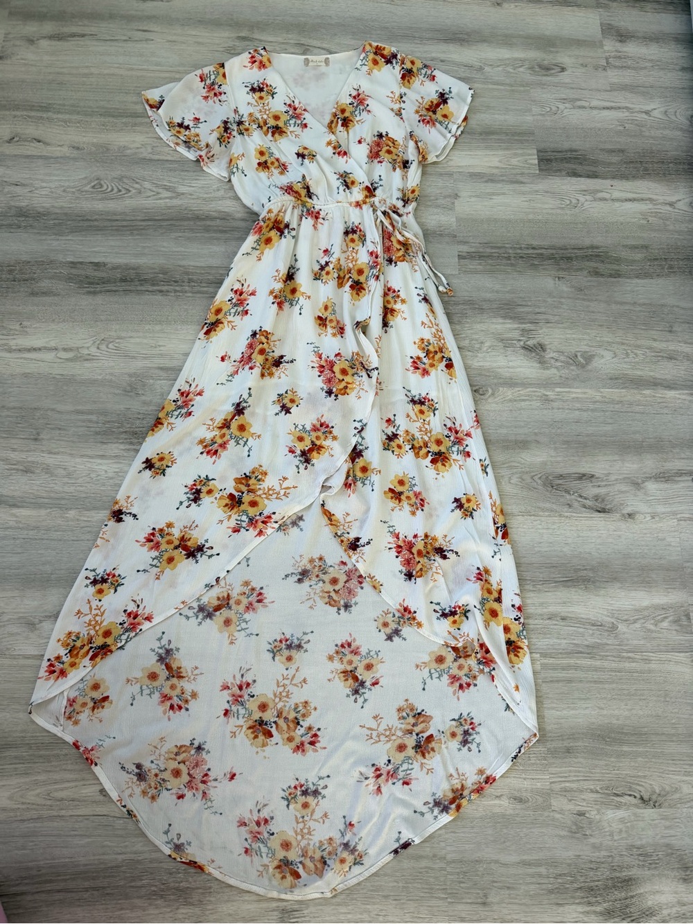 Altar'd State White Floral High-Low Wrap Dress with Yellow & Pink Bouquet